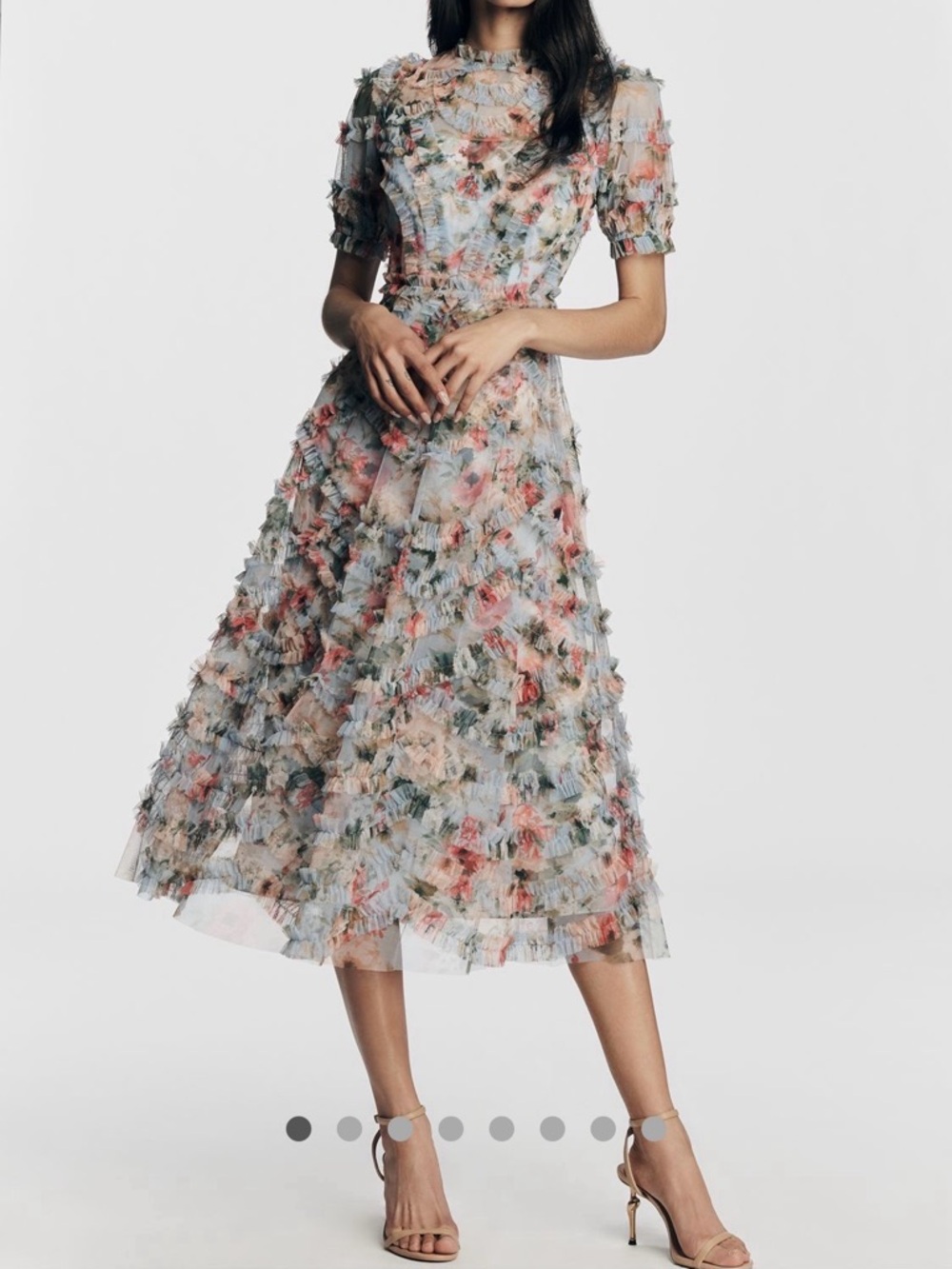 Mac Duggal Floral Ruffle Midi Dress in Pastel Multi